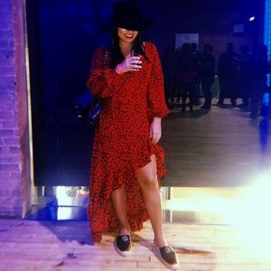 Boohoo red leopard print ruffle maxi dress